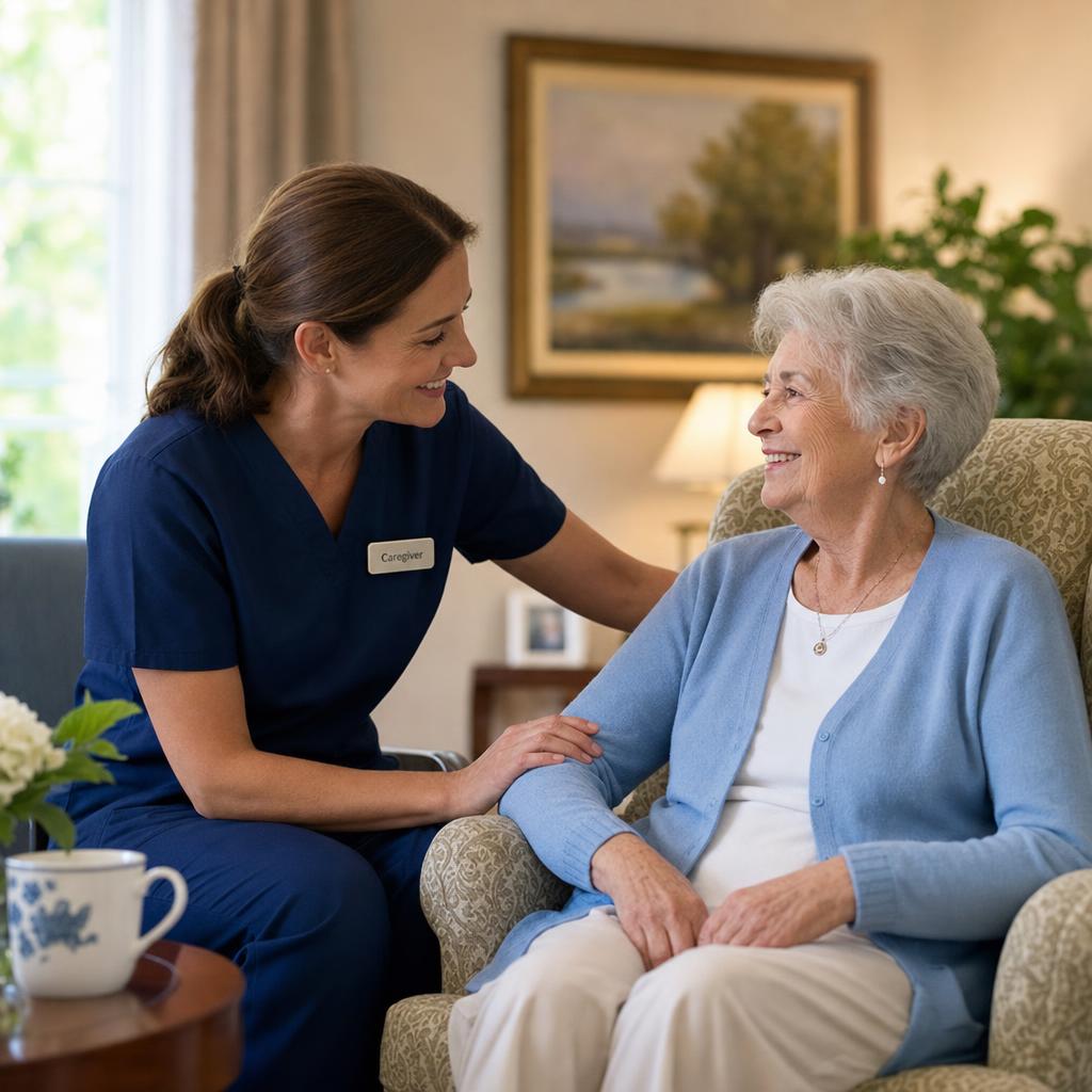 A caregiver with a resident, in a warm moment
