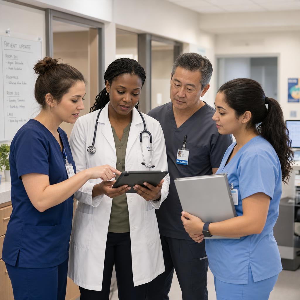 A care team reviewing a case on a tablet